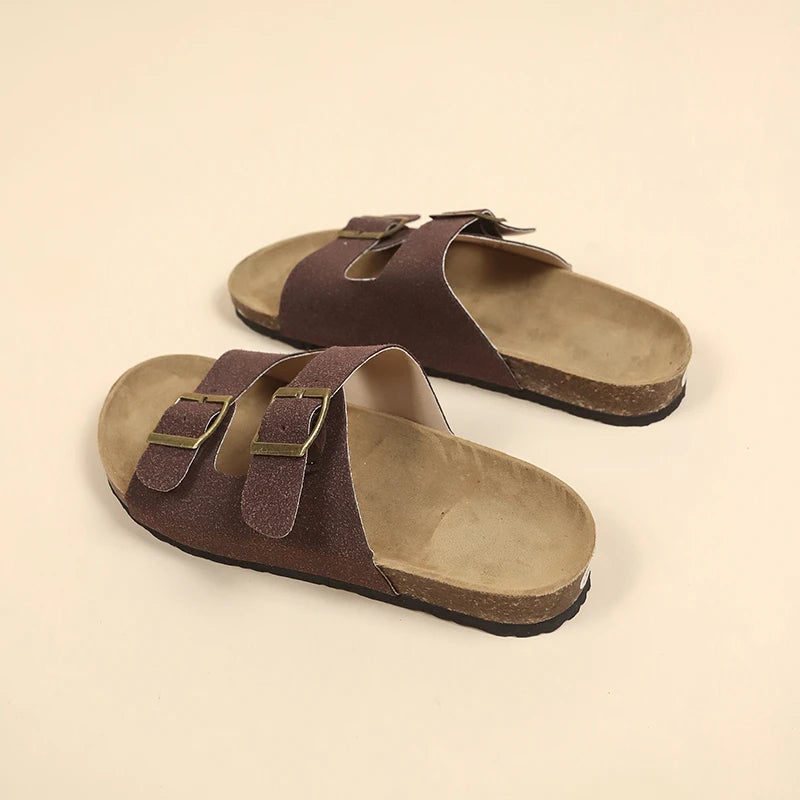 Women's Flat Outdoor Beach Casual Slippers Man Sliders Thick Sole Leather Cork Sole Sandals and Slippers