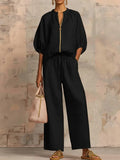 Women Solid 2 Piece Set Chic Laple Zipper Puff Sleeve Top + Wide Leg Pants Outfit Casual Matching Set for Vacation Daily Wear
