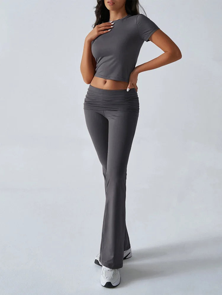 Women's Sexy Tops Suits 2026 Summer Latest Casual Solid Color Yoga Suit Slim Fit Sports Short Sleeved Pants Two-Piece Set Outfit