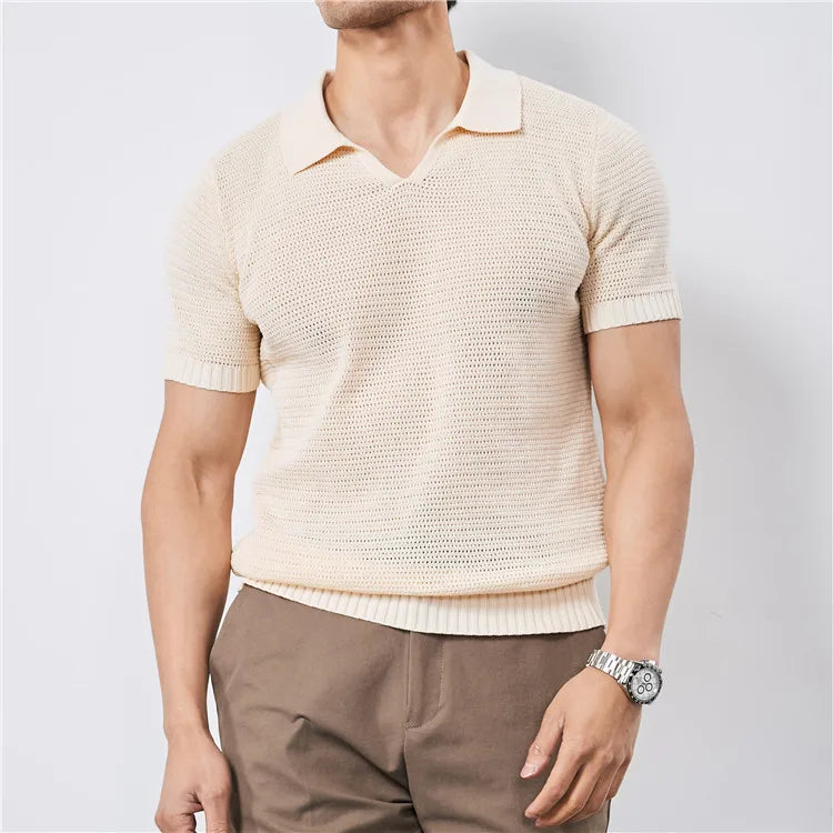 Summer Clothing Men Luxury Knitted Skinny Polo Shirt Men Korean Breathable V Neck Polo Shirts Short Sleeve Knitwear Tops Tees