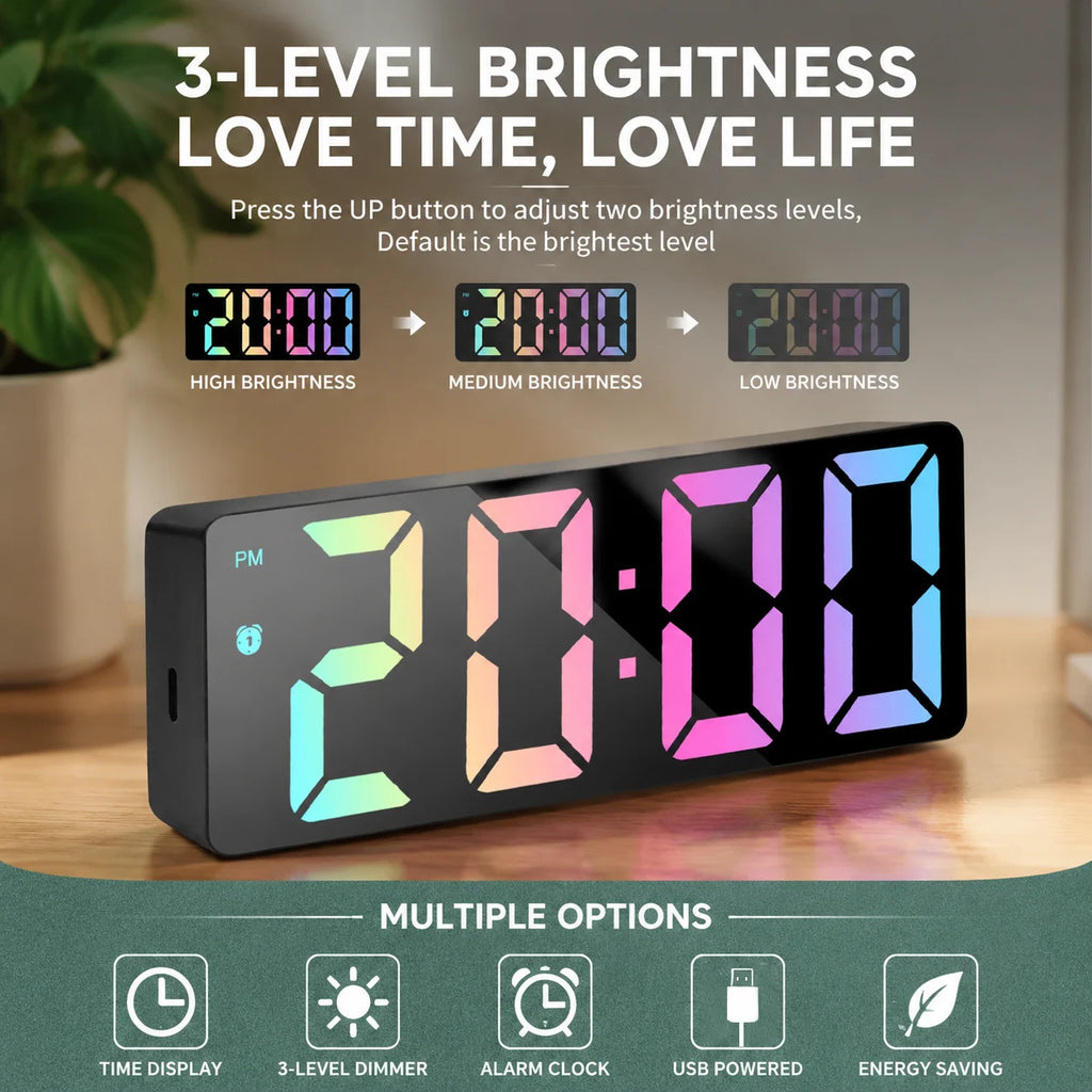 Modern LED Mirror Alarm Clock, Electronic Digital Clock, RGB Silent Non-ticking, Modern Bedroom Dorm Decor