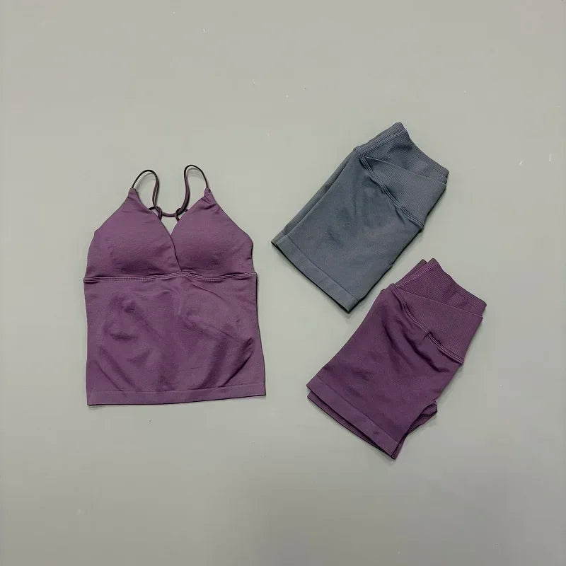 2Pcs Workout Shorts Set Women Cross Waist Scrunch Butt Shorts Tummy Control Racerback Tank Top Running Fitness Two Piece Suit