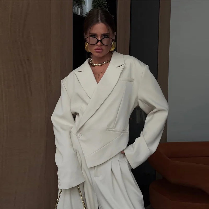 Elegant Irregular Women's Blazer Trouser Suits Single Button Lapel Full Sleeve Wide Leg Pants Lady Set 2026 2 Pieces Set Women