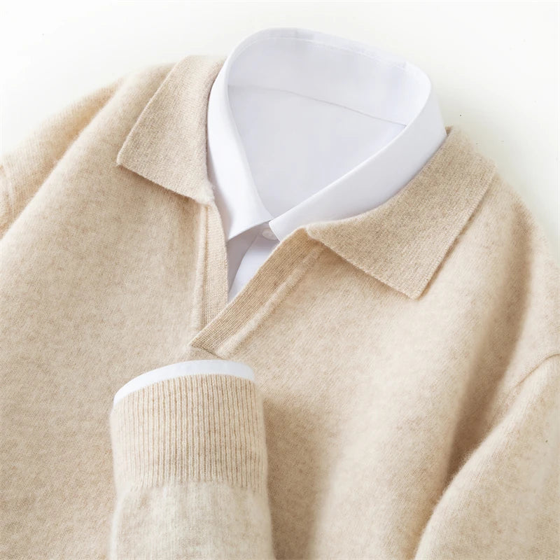 Autumn/Winter Men's 100% Pure Cashmere Pullover Business Casual Solid Knitted Sweater Loose Collar Tops Thick Warm Base Jumper