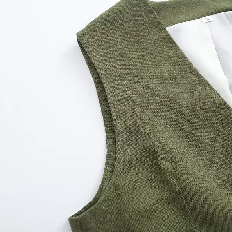Retro Linen Office Lady Women Suits V Neck Vest Blazer Commuter Wide Leg Shorts Fashion 2024 Summer Vintage 2 Piece work clothes
