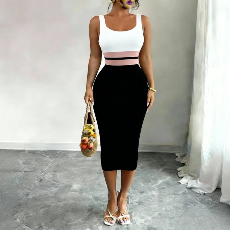 Women's White Black Patchwork Block Square Neck Sleeveless Stretchy Knit Bodycon Midi Dress Elegant Summer Daily Party Dress