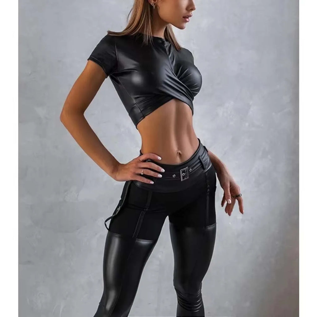 2 Piece Sporty Sets for Woman 2026 Leather Shorts Tops-skinny Pants Fashionable Workout Gym New in Matching Set