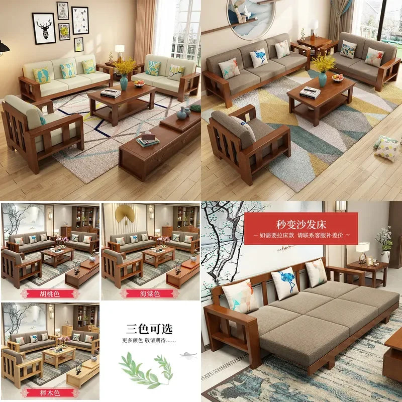 Compact Rubber Wood Solid Frame Sofa Set for Living Room Small Apartment Rental B&B Space Saving Durable Home Furniture