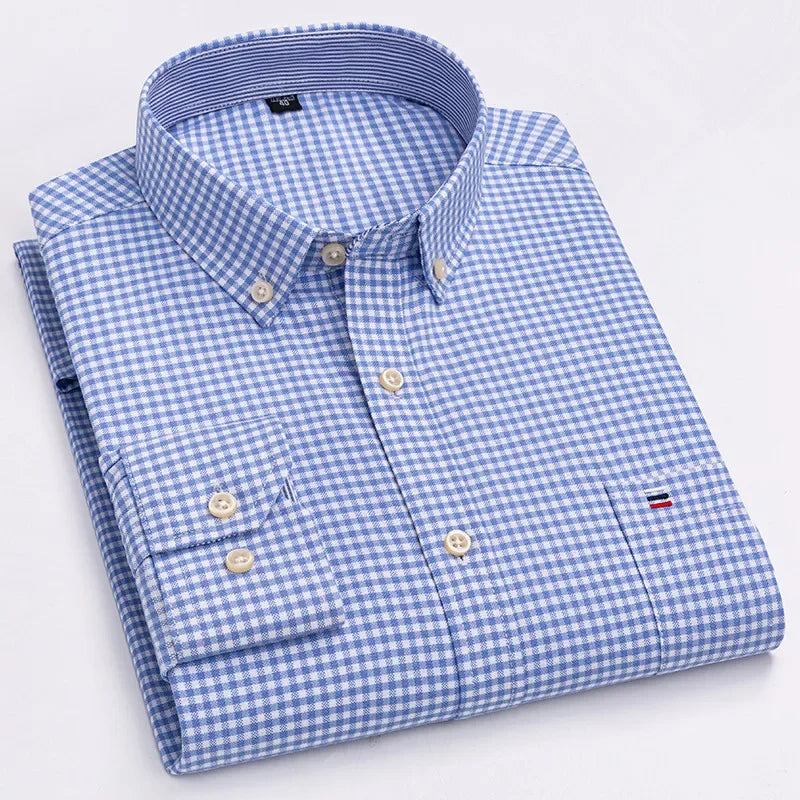 Men's 100% Cotton Smart Casual Shirt Long Sleeve Plaid Oxford Casual Solid Color Print Regular Fit Dress Shirt Oversized  6XL