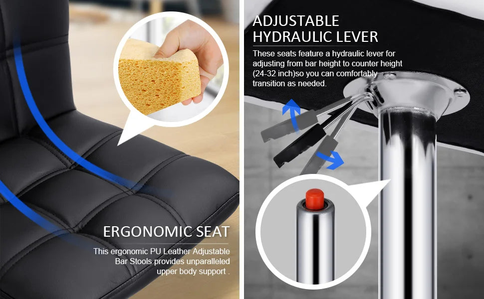 Kitchen double bar stool set, PU leather rotating adjustable tabletop height rotating stool, square backrest, 2 pieces