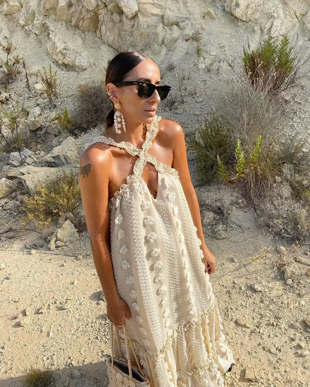 Sleeveless Halter Maxi Summer Dress for Women Fashion Ruffle Beach Long Robe 2025 Elegant Slip Holiday Hollow Out Sundress