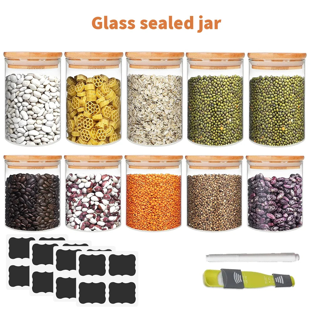 10pc Glass Sealed Jar Set 250ml 350ml Storage Tank With Bamboo Lid Seasoning Bottles, Coffee Storage Jars Kitchen Storage Jar