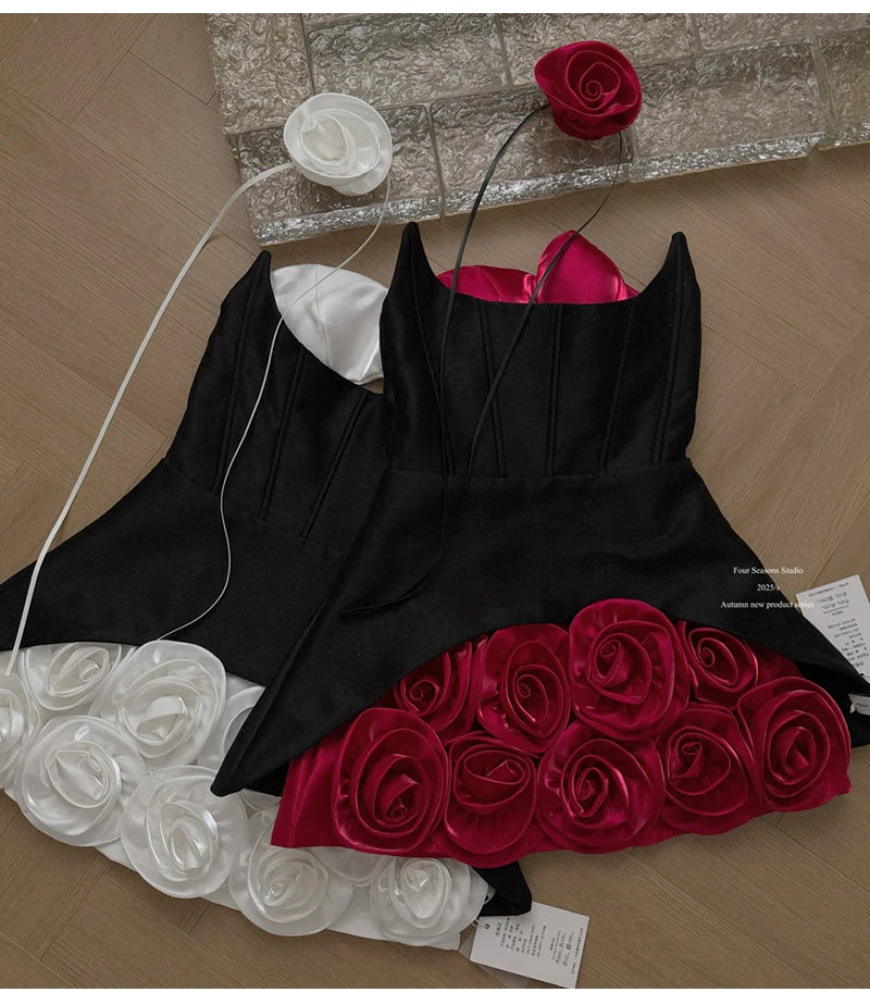 Women's Sweet Slash Neck Sleeveless Slim Waist Short Mini Dress French Retro 3D Rose Birthday Dress Spicy Girl Floral Bud Dress