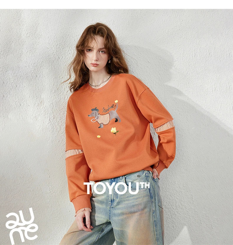 TOYOUTH Women's Sweatshirt 2026 Autumn New Loose Deconstructed Faux Two-Piece Plaid Dachshund Print Vintage Pullover Top