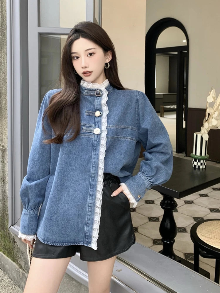 2025 Spring Lace Denim Shirt Women Fashion Patchwork Long Sleeve Blouse Female Loose Stand Collar Button Down Jean Shirts Woman