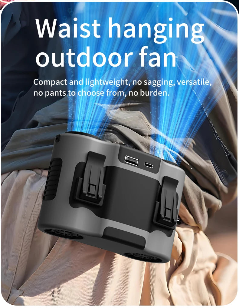 Portable Waist Clip Fan Mini USB Charging Hanging Fan with LED Flashlight Outdoor Single/dual Air Outlet Fan 20000/10000Mah F6/7