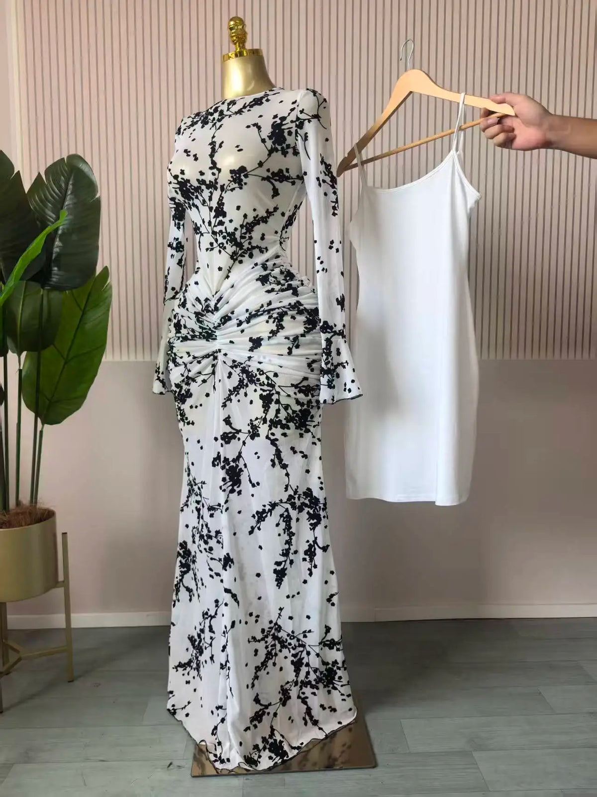 CM.YAYA Women Long Sleeve Ruched Mesh See Though with Lining Bodycon Long Dress 2025 Fall Evening Birthday Sexy Party Dresses