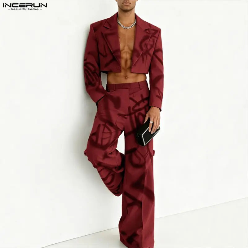INCERUN Men Sets Printing Lapel Long Sleeve Crop Blazer & Pants Two Pieces Sets Streetwear Personality Fashion Men Casual Suits