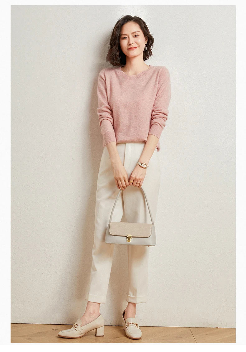 100%Merino Pure Wool Pullover Sweater For AutumnWinter Women's Round Neck Warm High-Quality Solid Color Basic Knitted Jumper Top