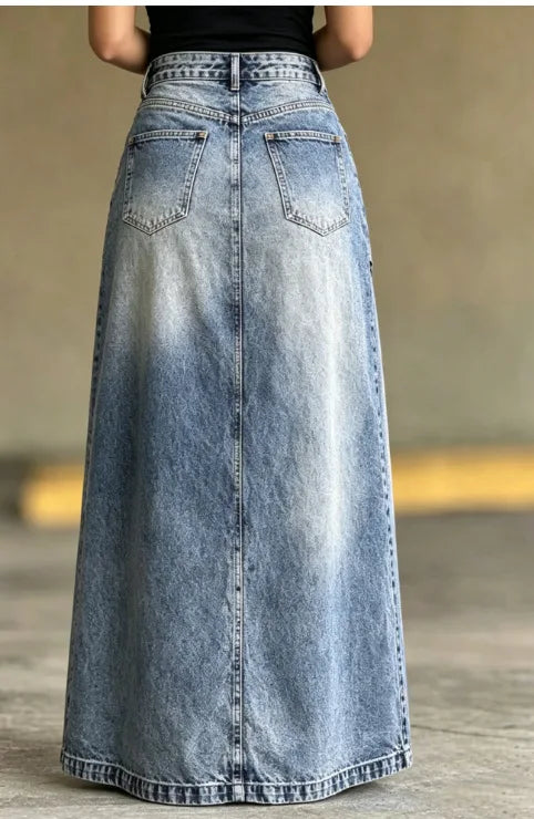 Washed Denim Maxi Skirt High Waist Asymmetric Front Slit Long Jean Skirt Irregular Patch Women Casual Split Denim Long Skirt