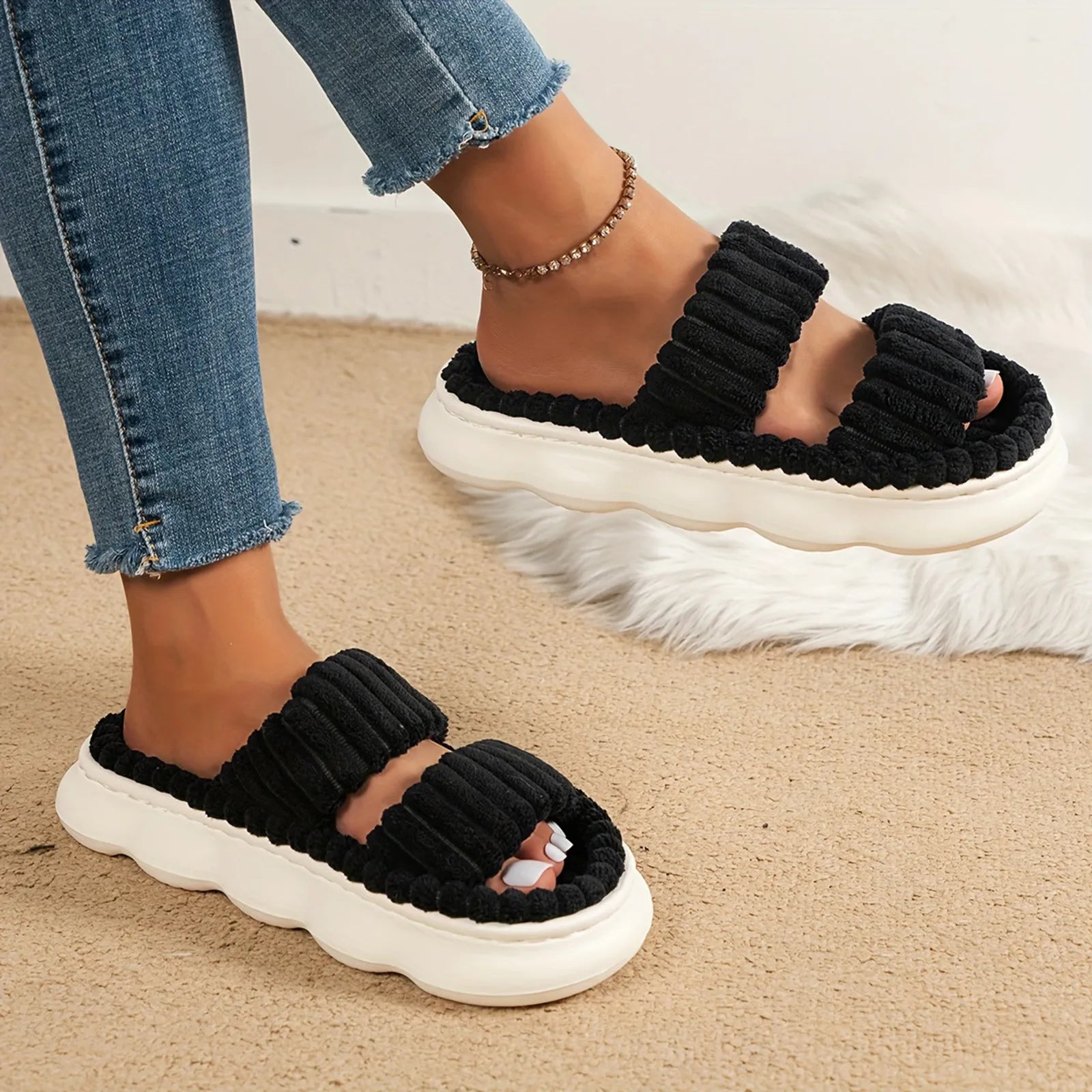Fashion Women Winter Slipper Corduroy Double Strap House Warm Plush Flat Slippers Autumn Woman Light Comfort Indoor Slipper