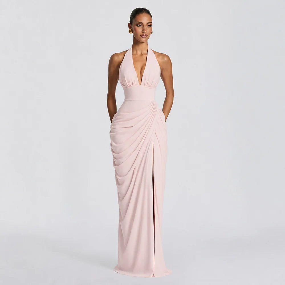 Sexy Solid Pleated Halter Women's Dress Fashion Sleeveless Backless Waist-cinching Split Maxi Dresses 2026 Summer Party Gowns