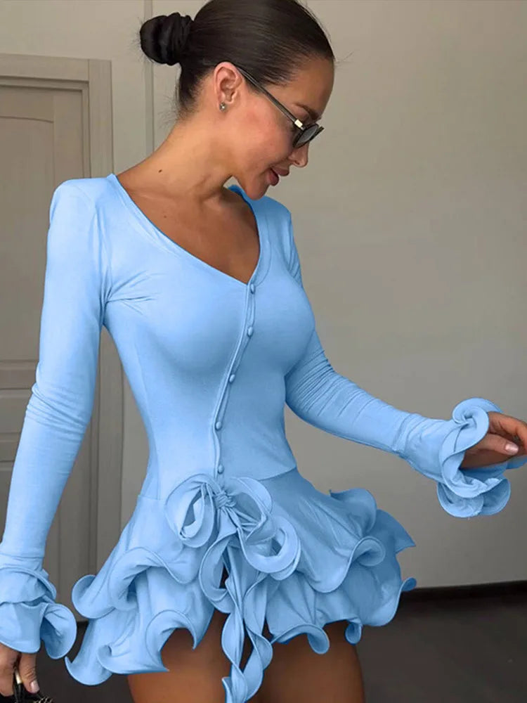 Chic Ruffle Hem Women's Dress V-Neck Long Sleeve Waist-Closed Buttons Solid Lady Mini Dresses 2026 Summer Fashion Female Robe