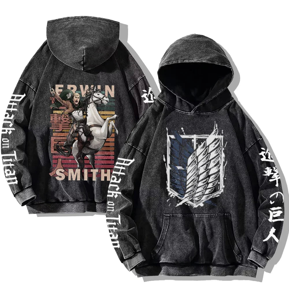 Vintage Washed Men's Hoodies Shield Print Hooded Sweatshirt Hip Hop Streetwear Y2K Hooded Pullover Y2K Loose Casual Tops