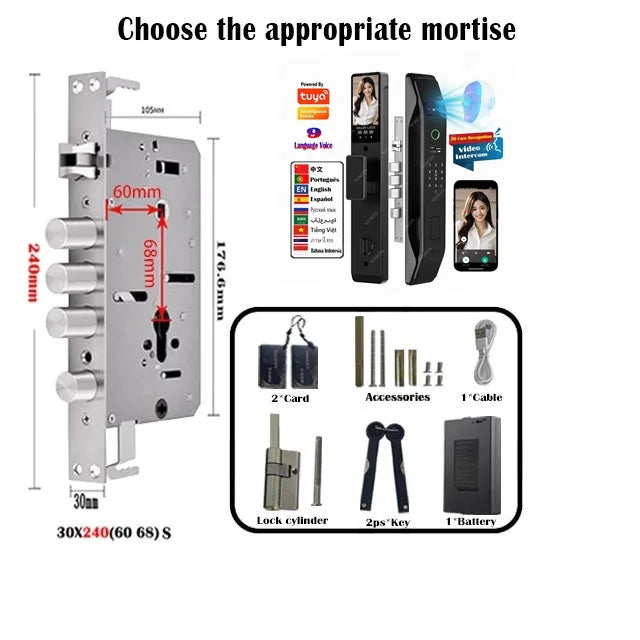 Tuya Wifi App Face Polyglot Electronic Door Lock Fingerprint Recognition Password Smart Digital Lock Key Card 6068 Mortise Lock