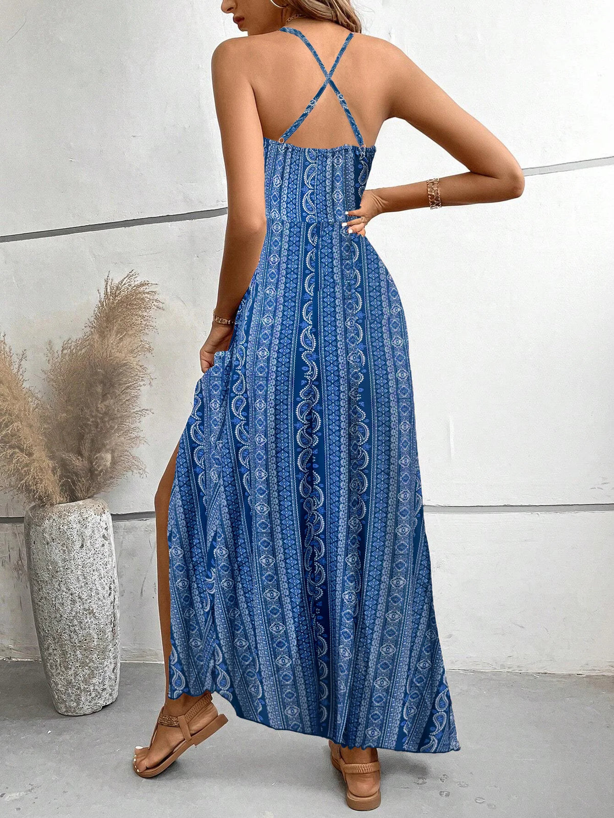 Women's Summer Ethnic Pattern Backless Split Thigh Dress Ladies Summer Clothes Boho Fashion Frill Trim Long Dress for Beach