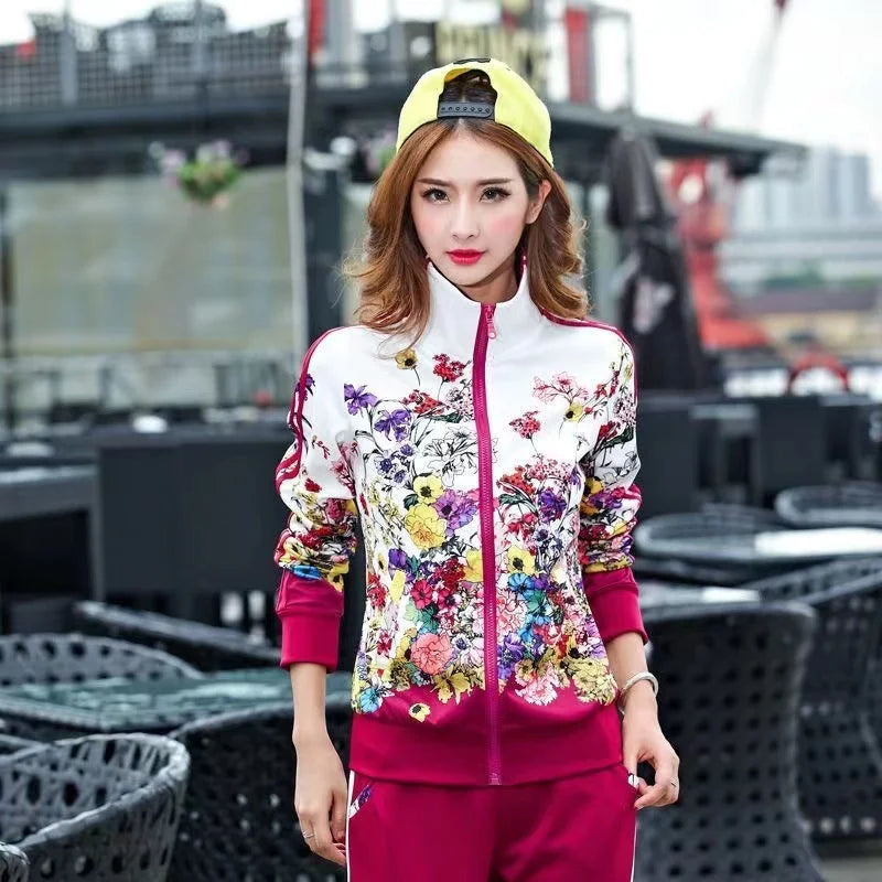 2024 Women's Casual Sports Suits Spring New Print Jacket+Lenght Pants Two Sets Lady Sportswear Suit racksuits Set 6XL