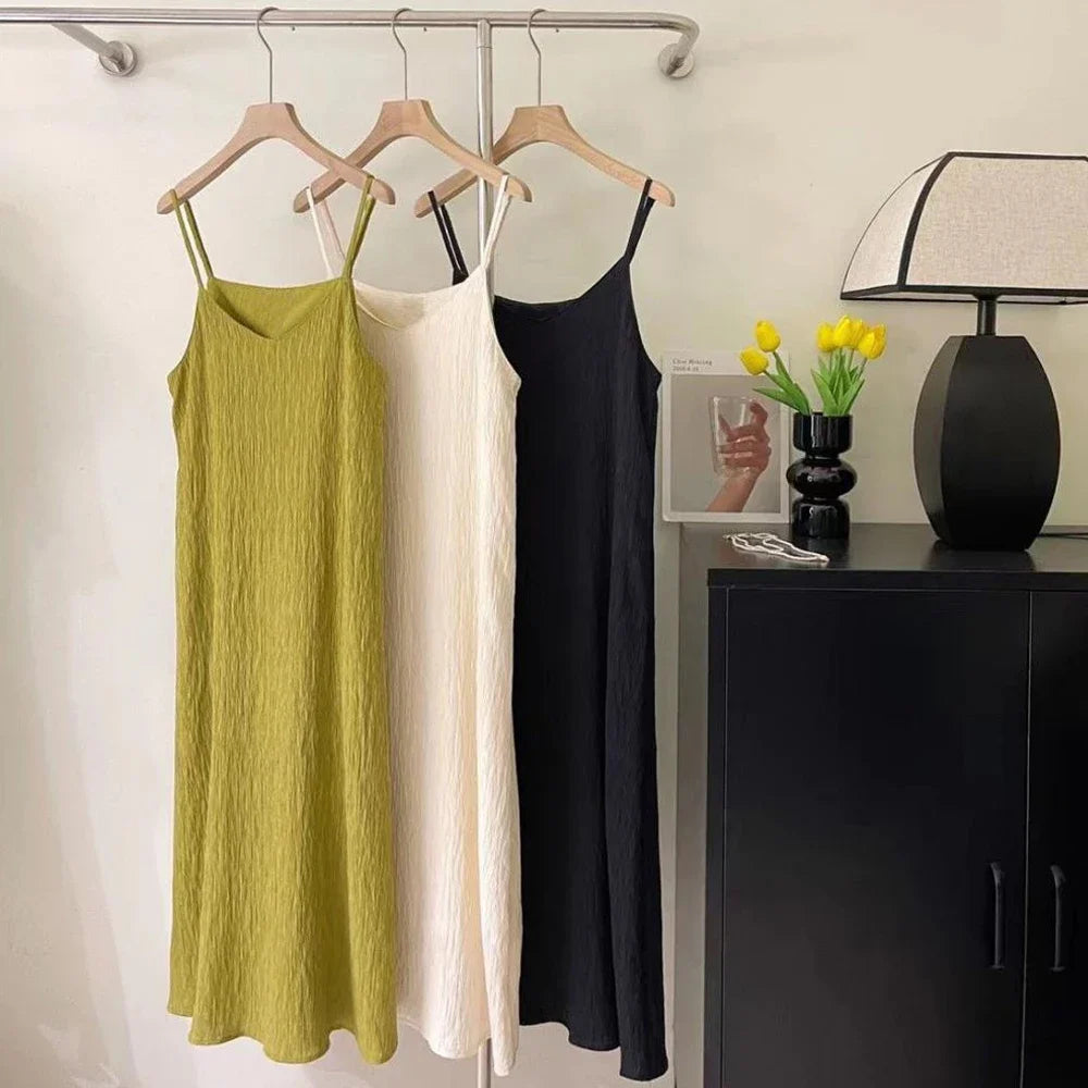 Office Lady Sleeveless Pleated Midi Dress Women Size S-XL Pink Purple White Black Casual Basic Knitted Folds Dresses Girl's