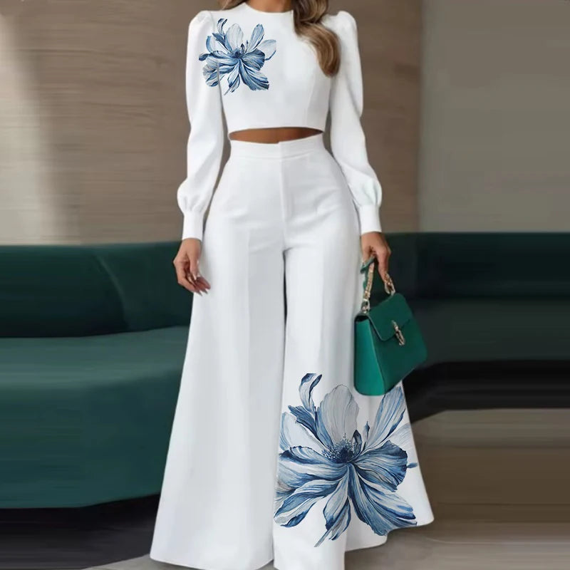 Krisstarsgirls Women's Elegant Floral Print 2 Piece Set 2026 Spring New Puff Sleeves Tops Wide Leg Pants Sets for Office Ladies