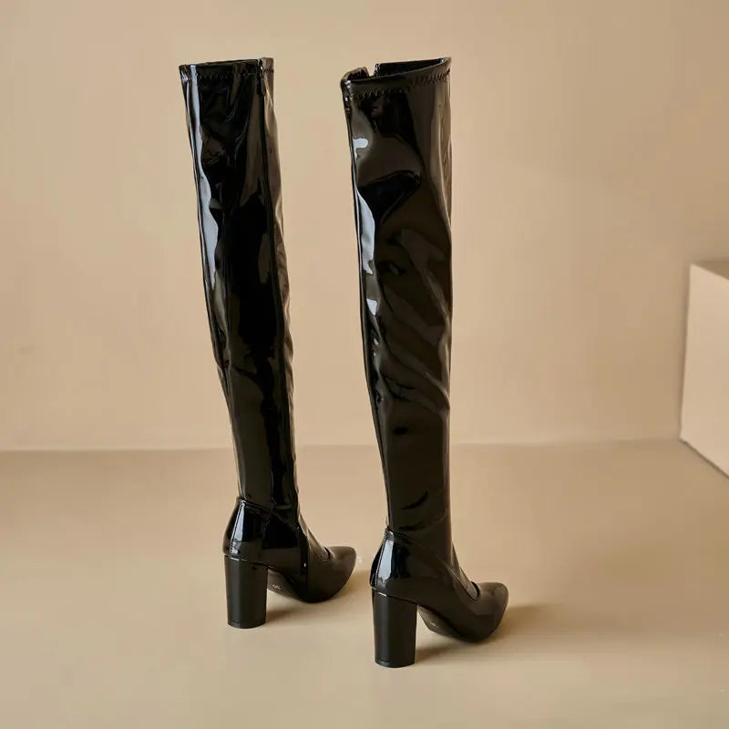 New Red Thigh High Women Boots Side Zip Pointed Toe Winter Shoes Elastic Patent Leather Over-the-Knee Boots Plus Size 44 45 46