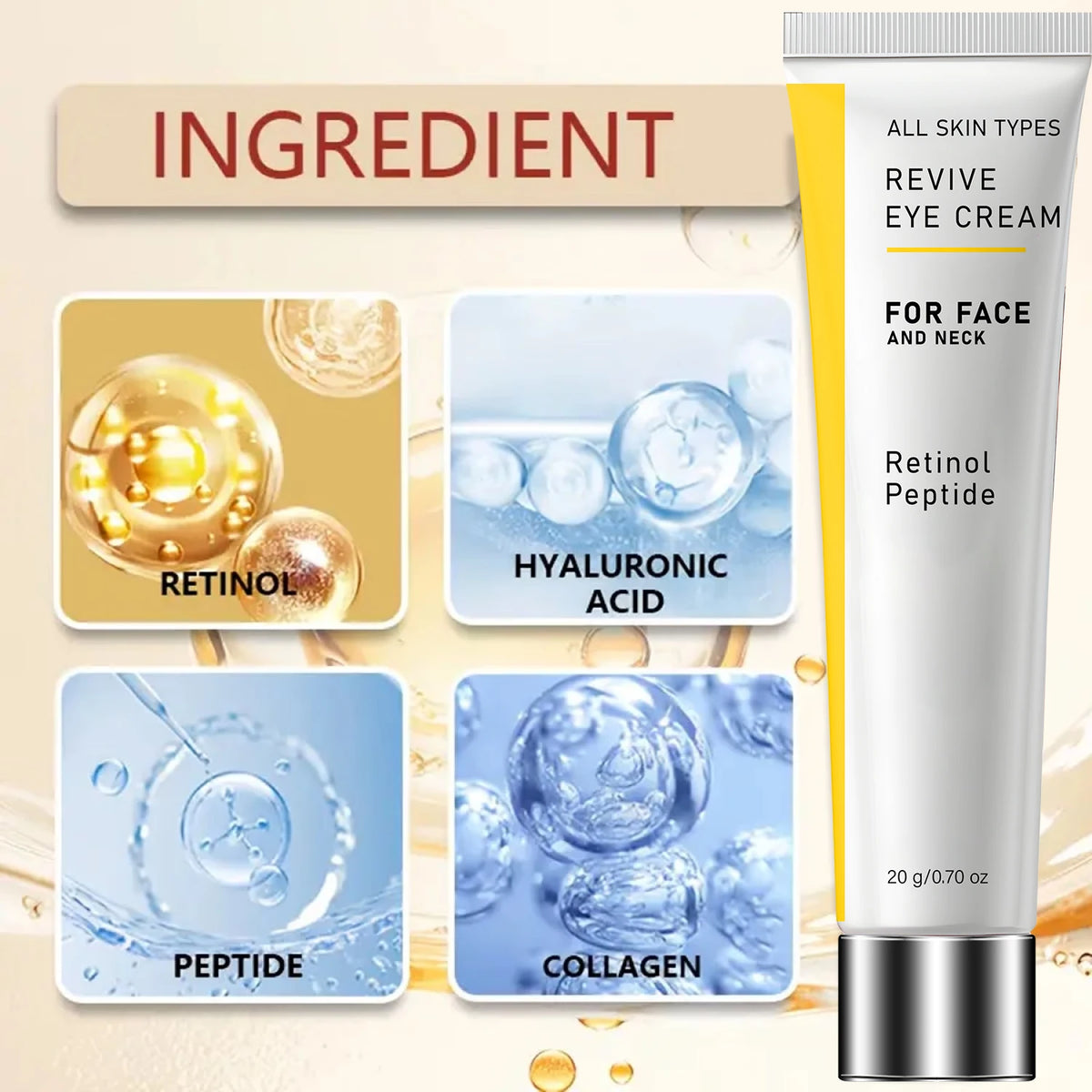 Revive Polypeptide Eye Cream. Retinol Peptide Anti-Aging Formula. Gentle Face Neck Care. Hyaluronic Acid Hydration. 20g
