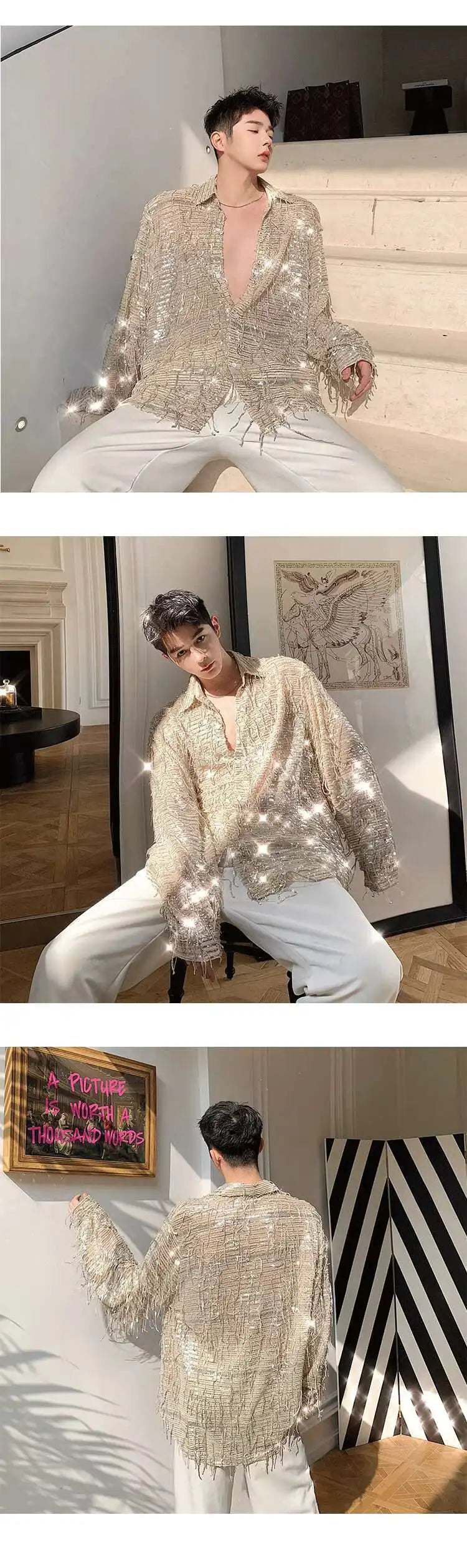 IEFB Spring Summer Men's Shirt Long Sleeve New Irregular Sequin Tassel Shirts Niche Streetwear Korean Style Male Top Tide 9Y7232