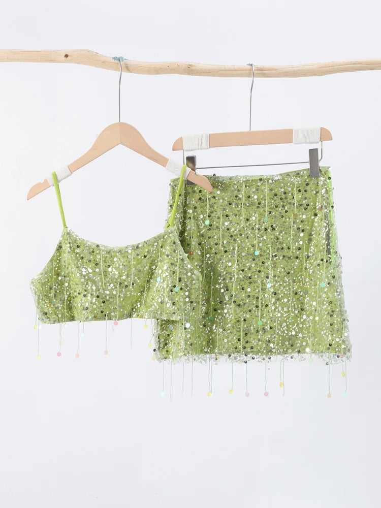 Sexy Tassel Sequins Vest Mini Skirt Women Crop Sling Vests Short Hip Package A-line Skirts 2026 Summer Lady Beach Party Outfits
