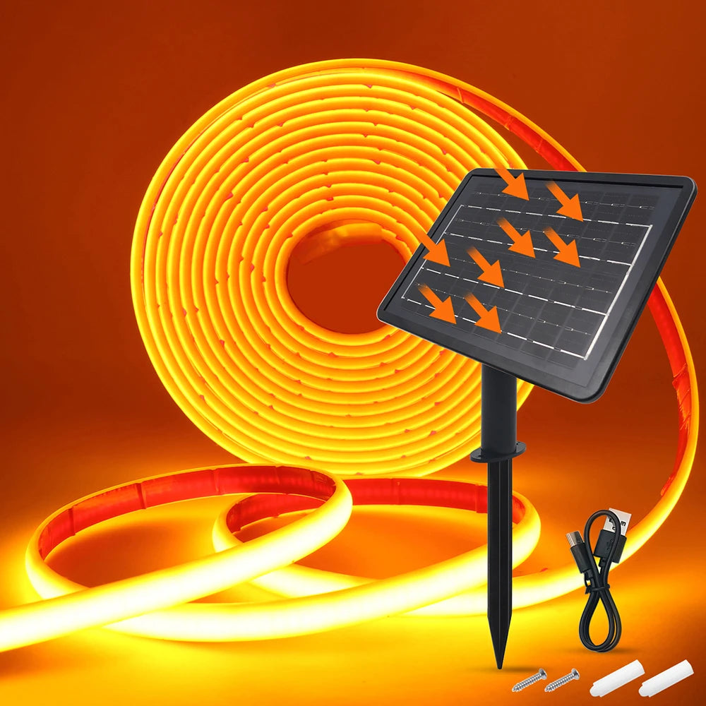 Solar Neon Light Strip 24V COB Waterproof IP68 Flexible LED Tape Red Green Blue Warm White 320LED/m High Density Linear Lighting