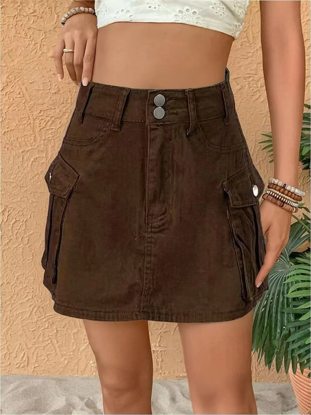Sexy Women High Waist Cargo Denim Mini Skirt Double Button Multi Pocket A Line Short Skirt Y2K Streetwear Casual Jean Dress