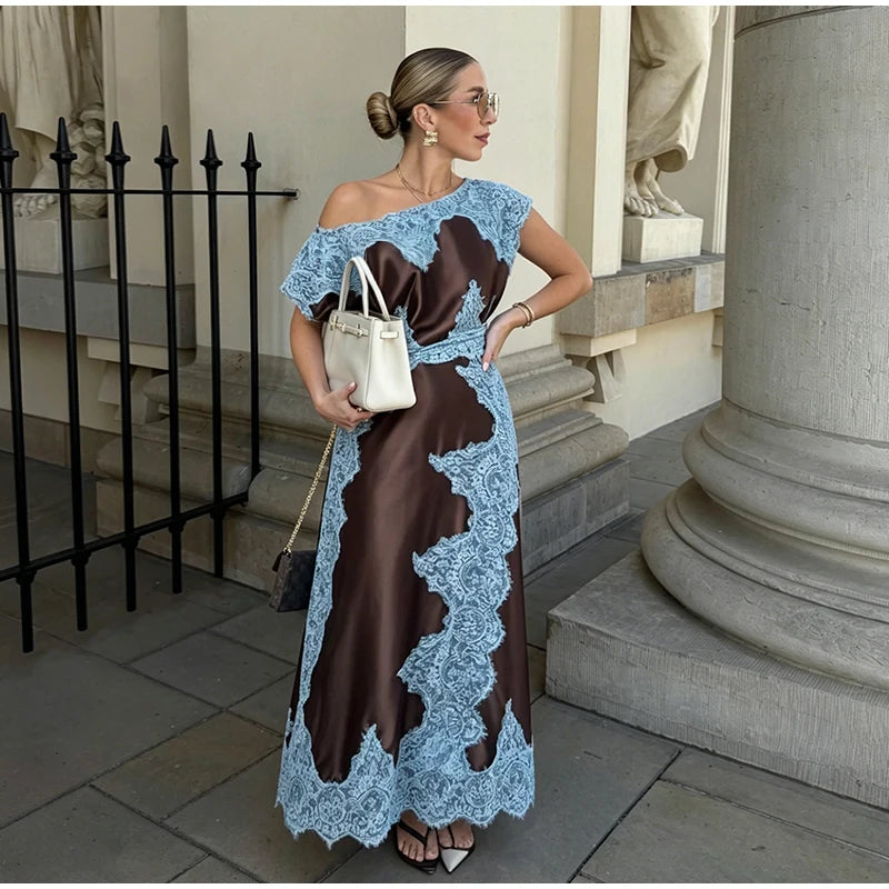 Elegant Lace Patchwork Long Women's Dress Urban Skew-collar Short Sleeve Empire Female Dresses 2026 Summer Vacation Lady Robe