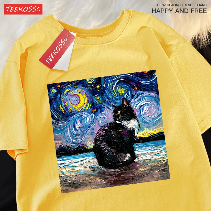 Oil Painting Starry Sky Cat Tshirts Men Women Oversized Cotton Clothing Fashion Summer T-Shirt High Quality Brand Loose Shirts
