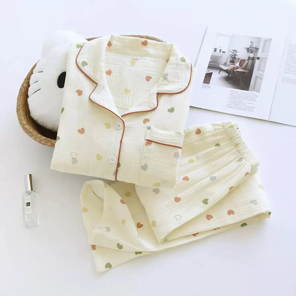 2025 Autumn Cotton Crepe Women's Pajamas Casual Soft Loose Sleepwear Long Sleeve Pants Pajama Sets Night Clothes 2-piece Set