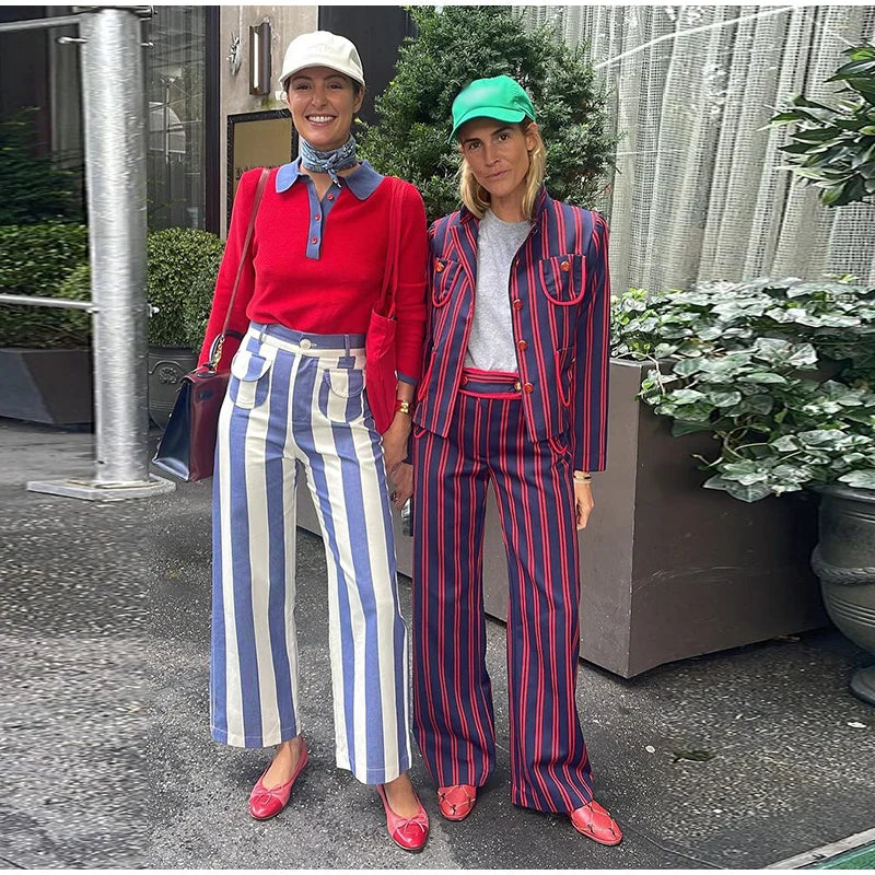 Striped Zipper High-Waisted Trousers Slim Fit Flare Leg Double Pocket 2026 Summer Casual Women Bottom Fashion Chic Lady Pants