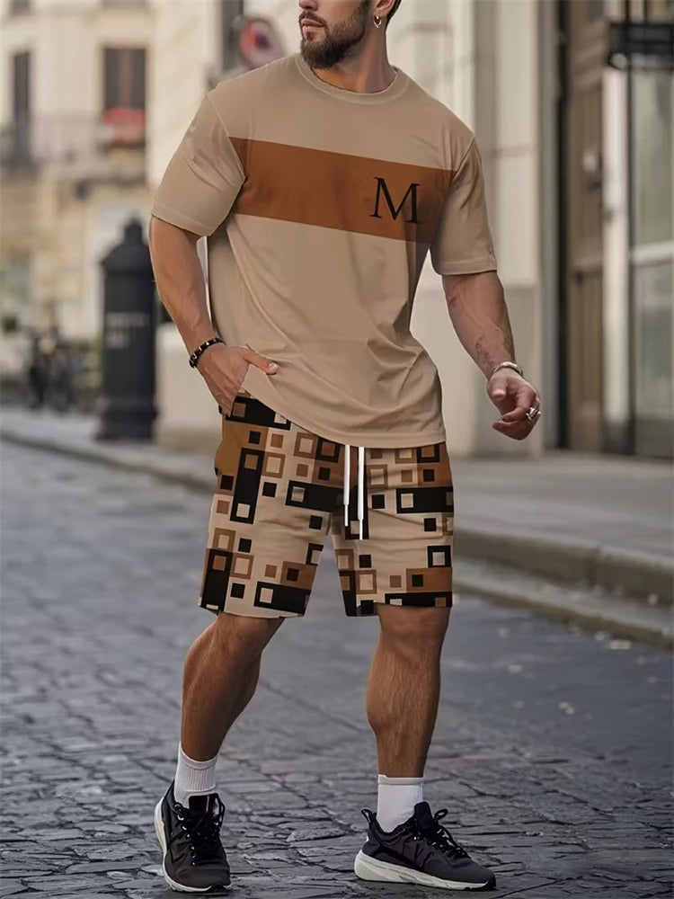 2026 New Spring/Summer Simple Letter 3D Printed Men's Casual Short-sleeved Set, Outdoor Street Fashion Trendy Men's Top And Shor