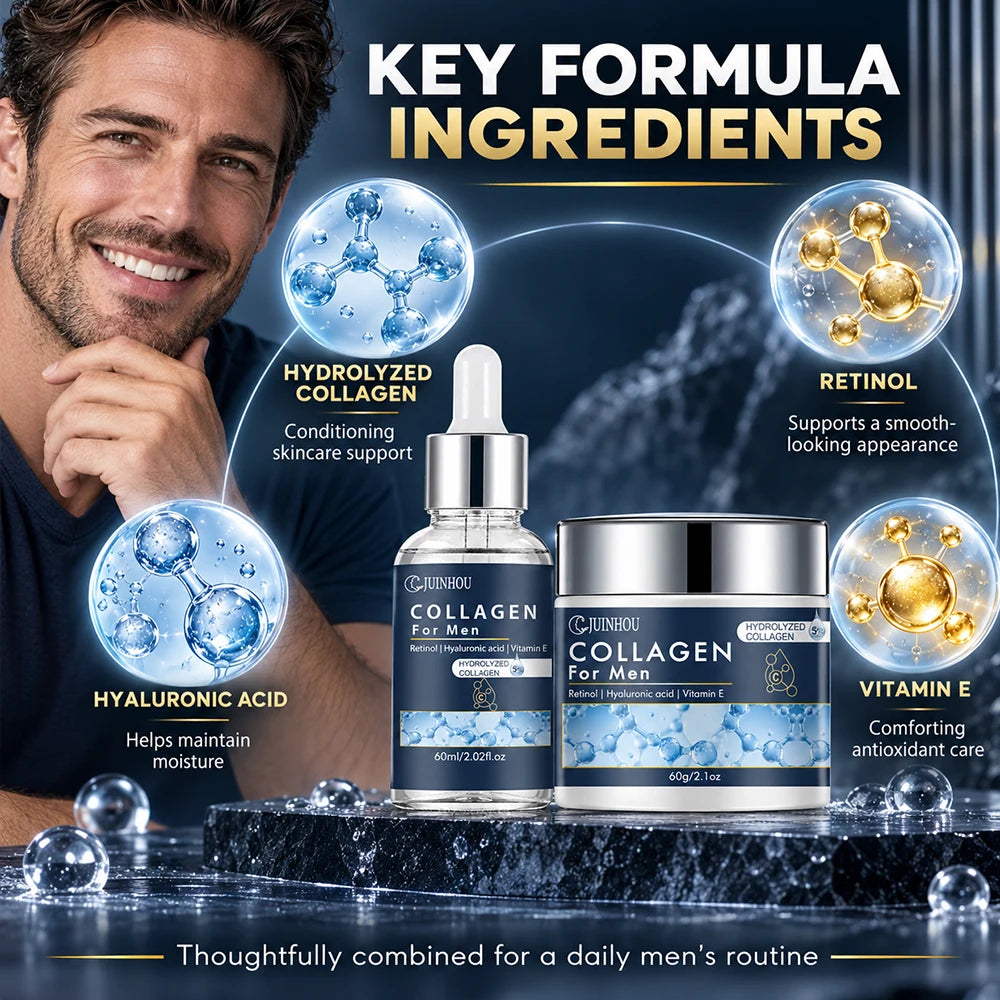 JUINHOU Men Facial Hydration Cream Serum Set Collagen Moisturizing Anti Aging Oil Control Firming Refreshing Non-Greasy Skincare