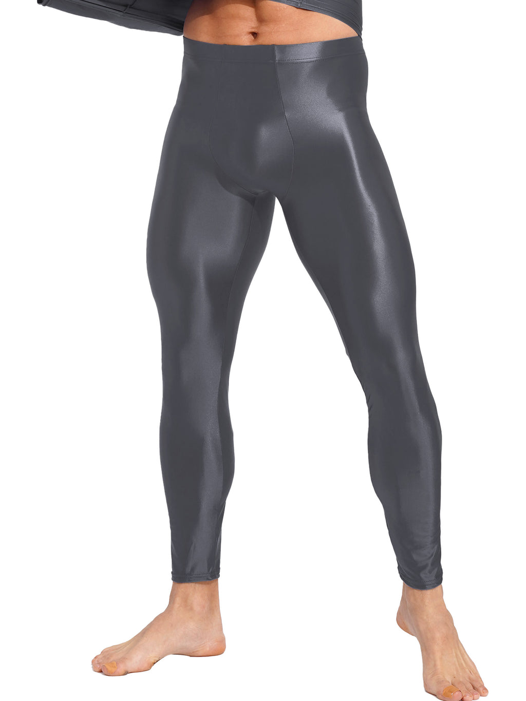 Men Elastic Waistband Skinny Shiny Yoga Tights Pants Solid Color Leggings Exercise Running Gym Fitness Training Sportswear