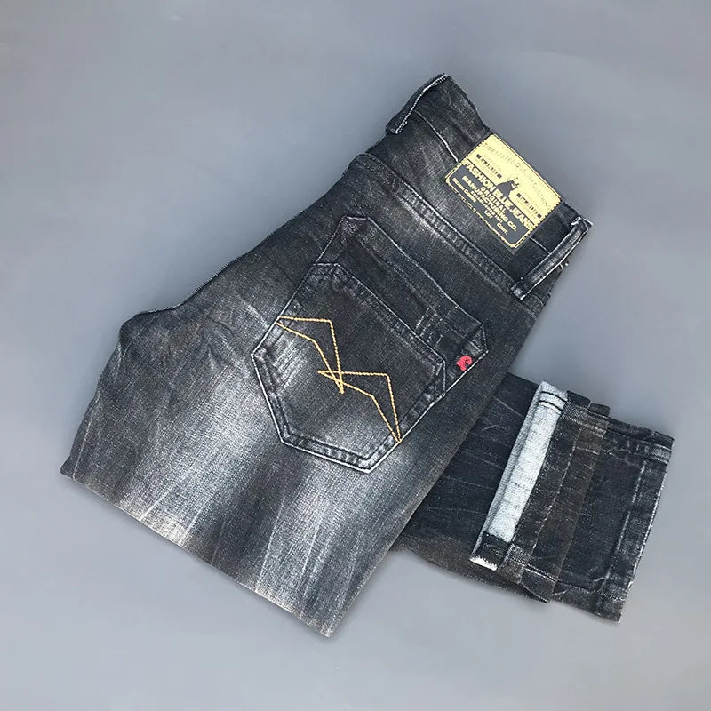 New Trendy Brand Jeans for Men Spring Autumn Slim Fit Small Feet Elastic Water Washed Retro Trendy Casual Long Pants