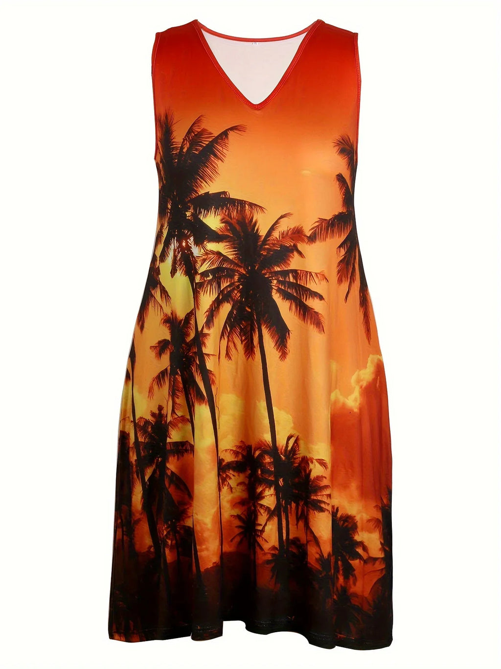 European Plus Size Ladies Sunset Coconut Tree Printed Dress Stretchy Sleeveless V Neck Loose Casual Summer Beach Mid Dress