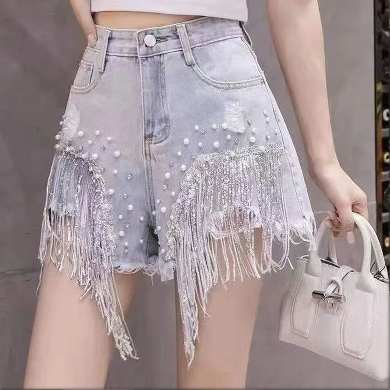 Heavy industry nail bead sequins tassel denim women niche design sense summer new versatile high-end slimming short pants