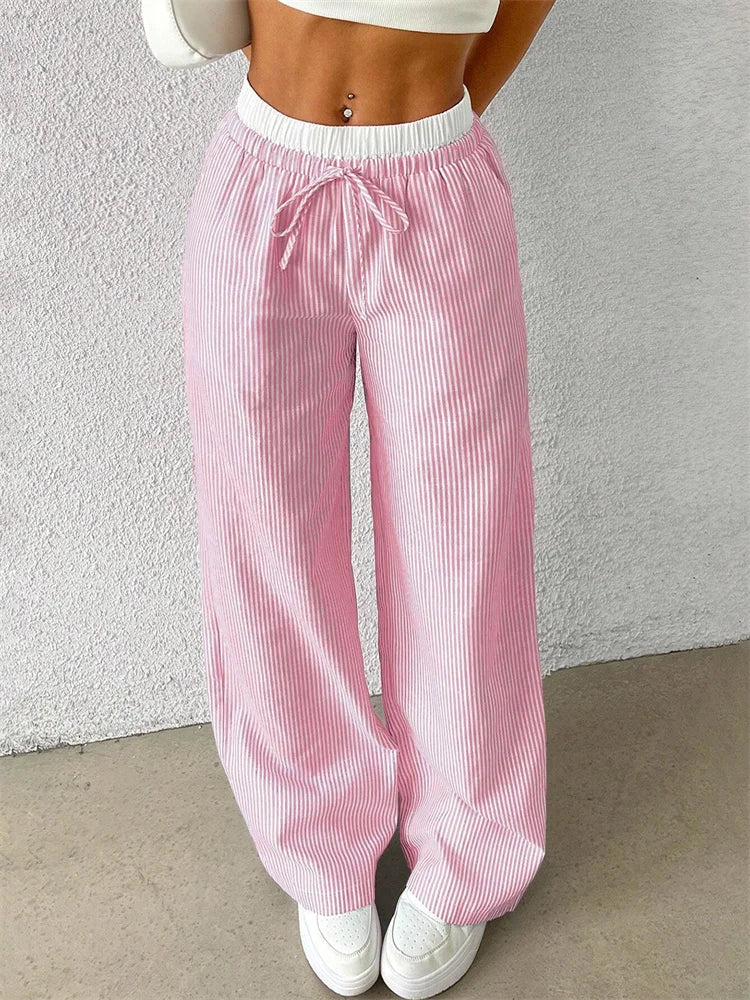 Women's Casual Striped Woven Wide Leg Pants Fall Winter 2024 Casual Stylish Full Length Trousers Y2K Clothes Streetwear